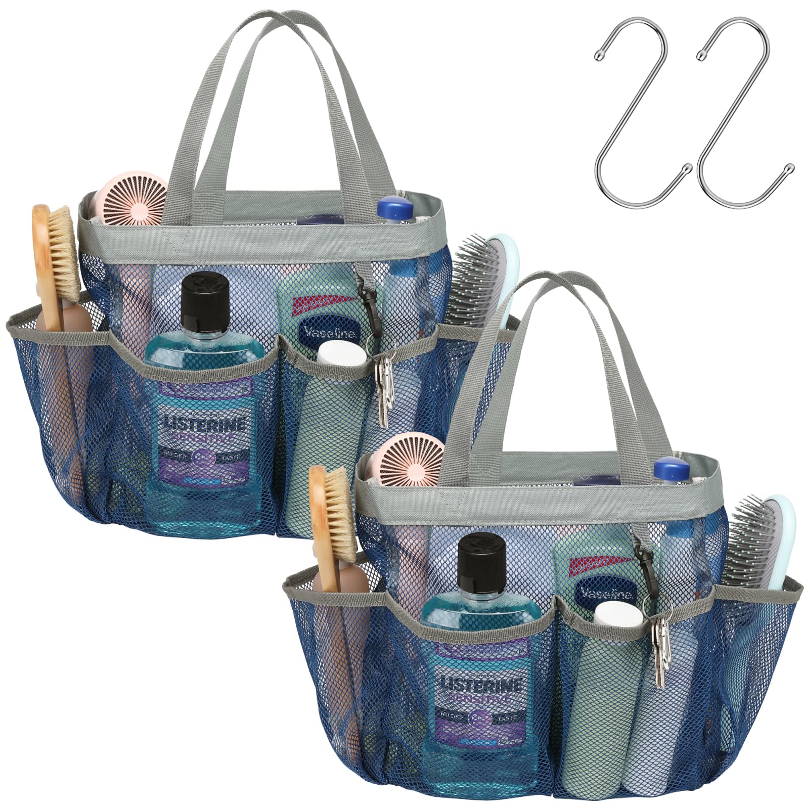 Photo 1 of F-color Mesh Shower Caddy Portable - 2 Handles Upgrade Deeper 7 Pockets Basket Bag Tote for College Dorm Room Toiletry Bathroom Essentials Gym Camp Quick Dry with S Hook, 2 Pack Blue