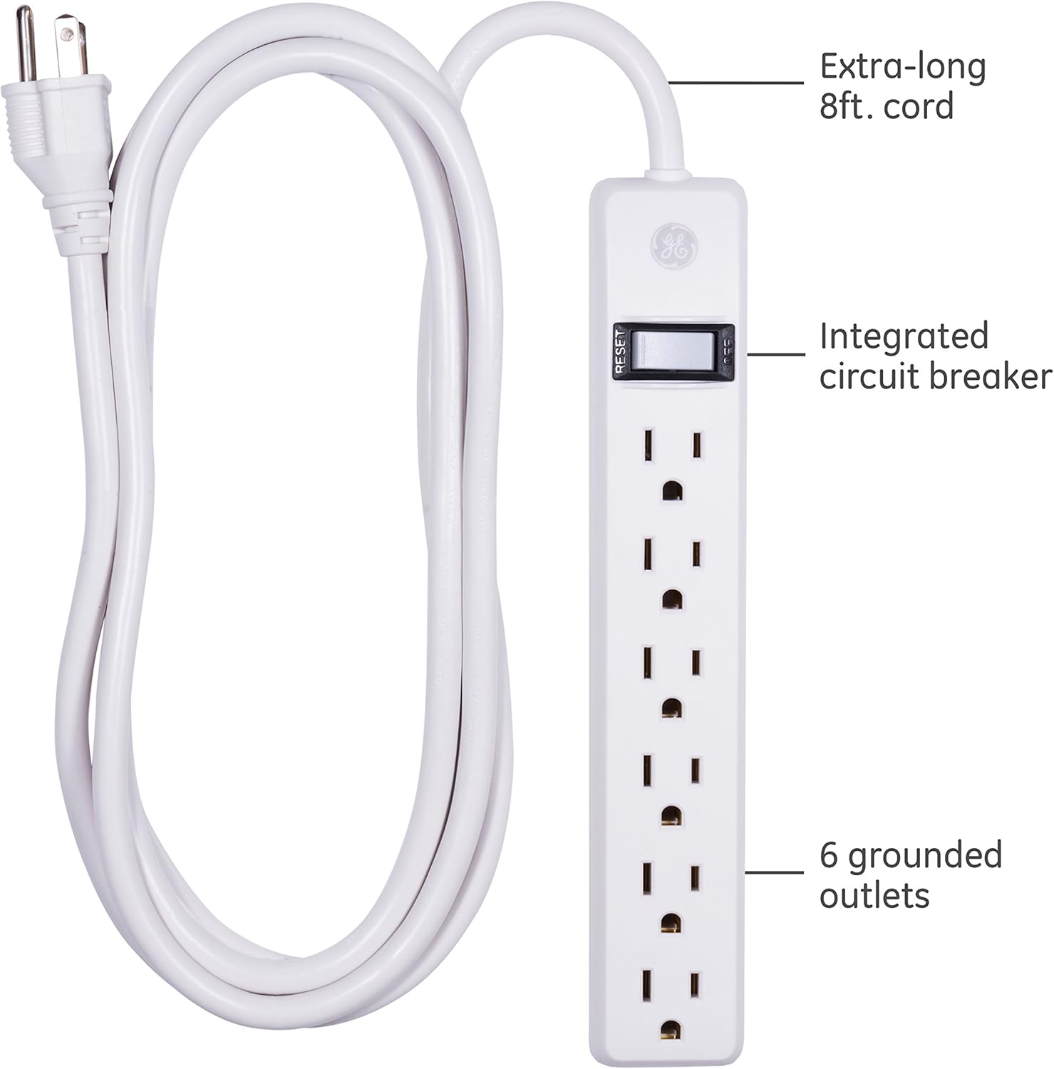 GE 6 Outlet Power Strip, 8 Ft Long Extension Cord, Grounded Outlets, UL Listed, White, 14832: Home Improvement