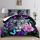 Raphus cucullatus Tiger Print Comforter Set Queen,Wildlife Animal Print Comforter Set Bed in a Bag,Quilt Bedding Set Flower,Tropical African Animal Bedding Queen Bed