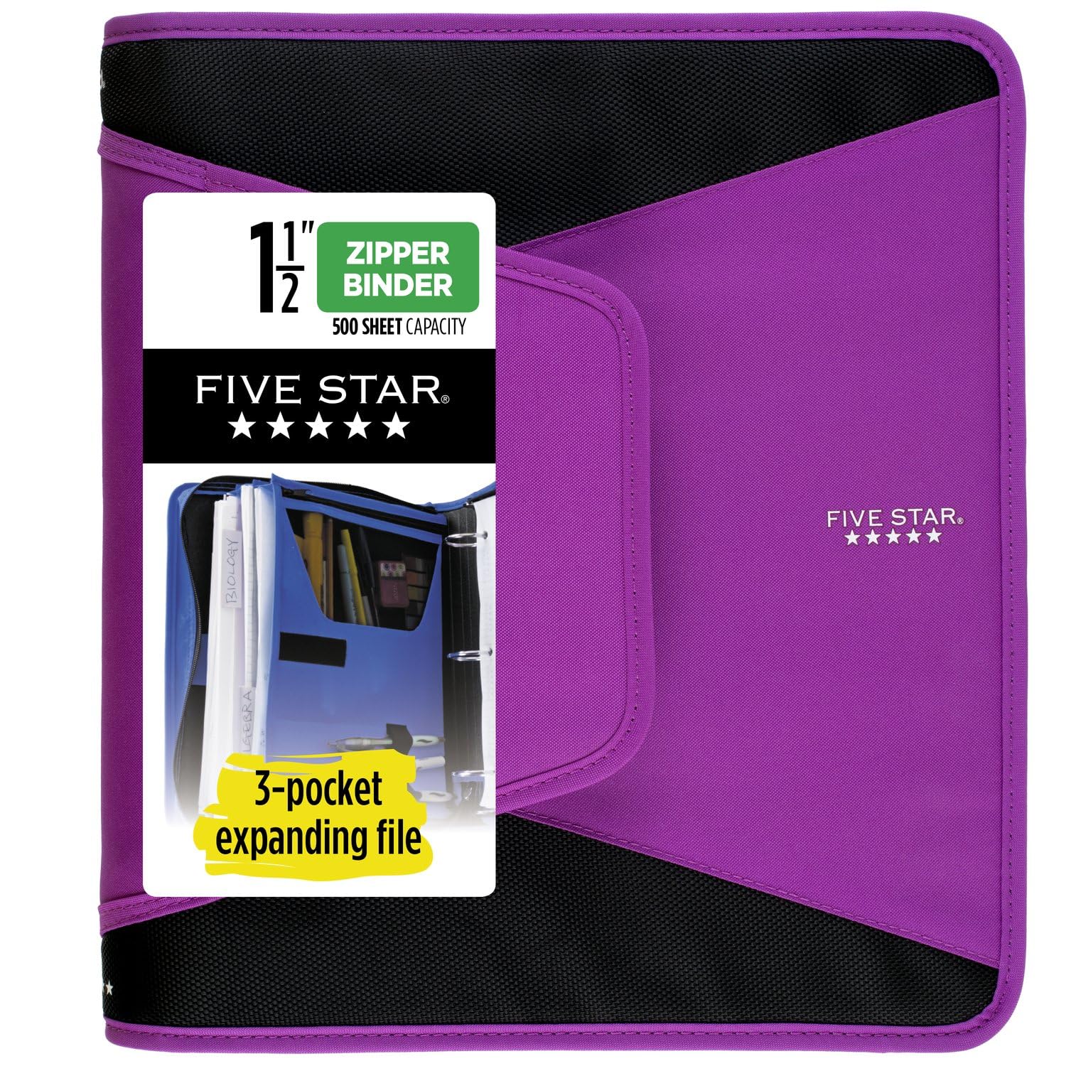 Five Star Zipper Binder, 1-1/2 Inch 3-Ring Binder for School, 3 Pocket Expanding File, 500 Sheet Capacity, Berry Pink/Purple (72532) — image 1