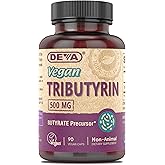 DEVA Vegan Tributyrin Supplement - Butyrate Precursor, Gut Barrier Support, Butyric Acid, 500 MG Vegan Capsules, Leaky Gut Support, Digestion, 90 Count