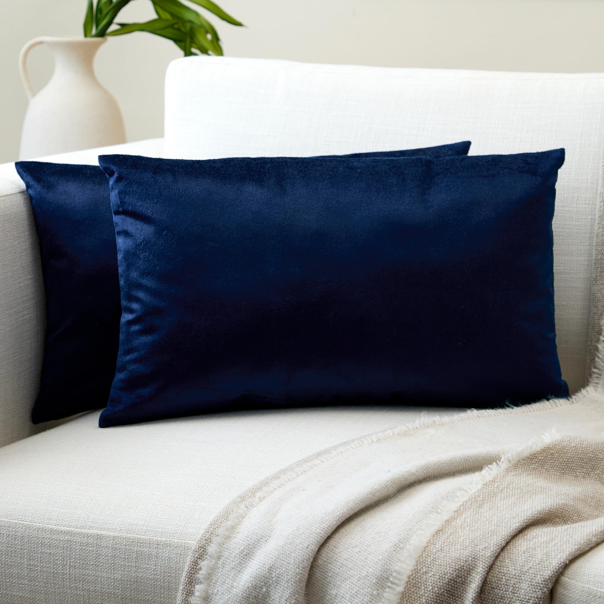 Encasa XO Velvet Cushion Covers (30x50 cm) Set of 02 | Navy Blue | Luxurious Square Velvet Throw Pillow Covers With Invisible Zippers | Living Room, Sofa, Chair