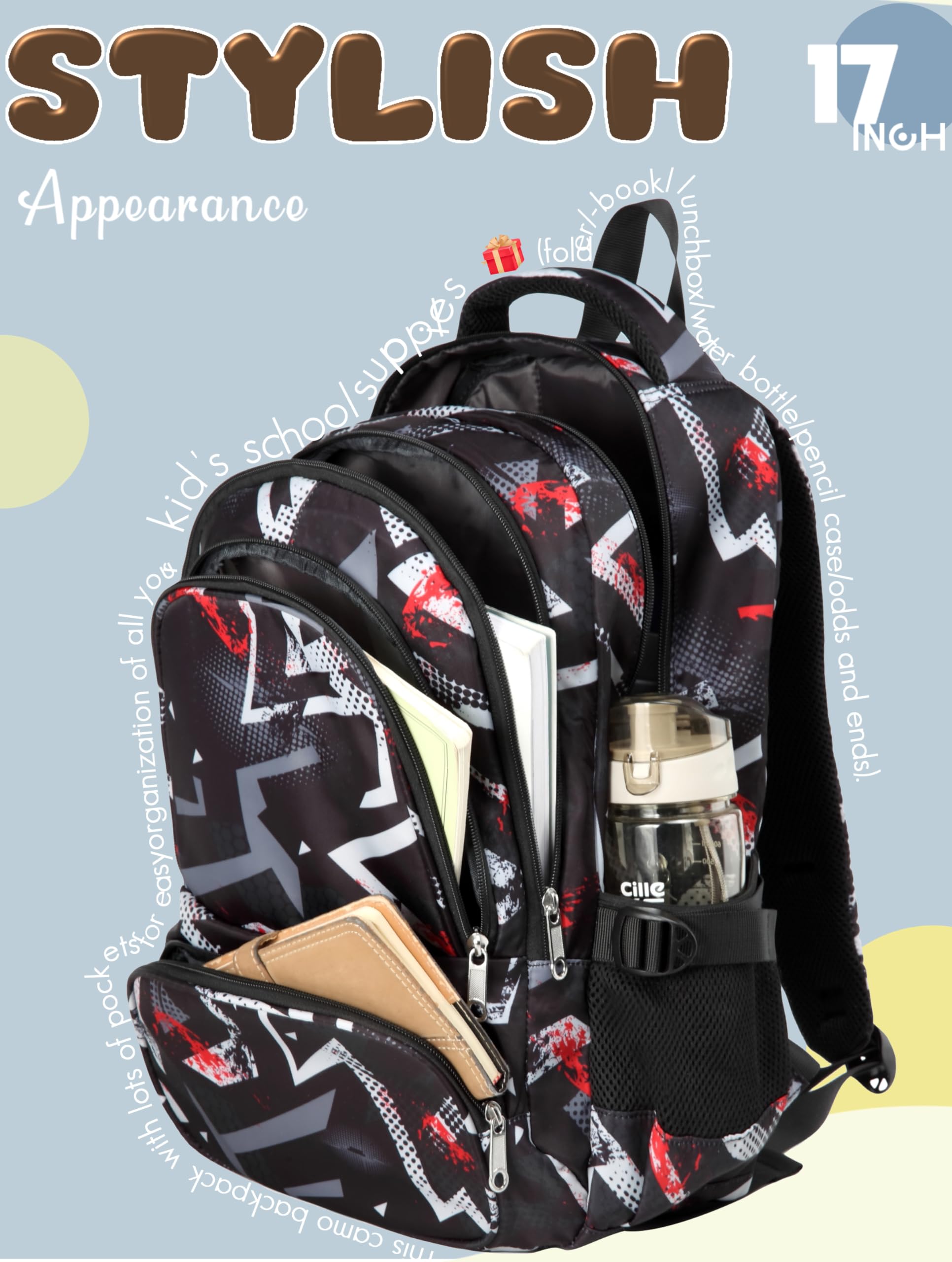BLUEFAIRY Kids Backpacks for Boys Girls Elementary Primary Middle School Bookbags Back to School Bags for Childs Age 6-8 Mochilas Escolares para Niños Niñas 17 Inch Dark Black