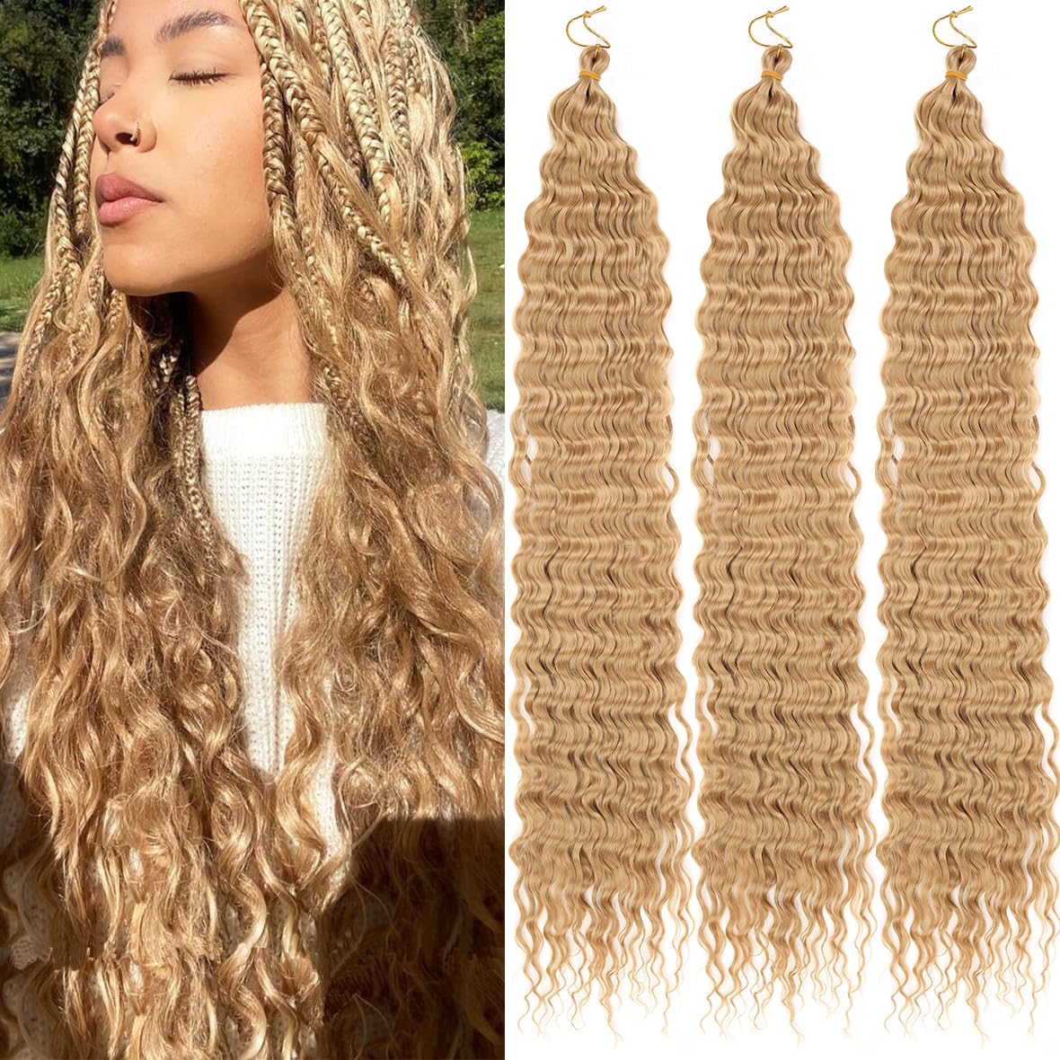 Kachanaa 30 Inch Ocean Wave Crochet Hair Synthetic Crochet Braiding Hair for Boho Box Braids 7 Pack Pre-Separate Deep Wave Braiding Hair Extensions for Goddess Braids /27#