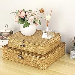 Hipiwe Set of 2 Flat Woven Wicker Storage Bins with