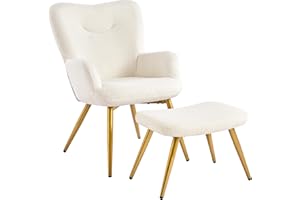Yaheetech Small Accent Chair with Ottoman Set, Boucle Armchair and Footstool, Lounge Reading Chair with Golden Metal Legs for Living Room/Bedroom/Office, Ivory