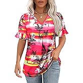 Womens V Neck Hawaiian Shirts Floral Printed Ruffle Short Sleeve Summer Casual T-Shirt Trendy Beach Blouses Tops