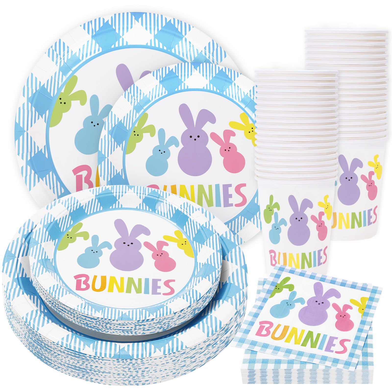 Photo 1 of Whaline 125Pcs Easter Tableware Set Colorful Easter Bunny Disposable Dinnerware Set 50Pcs Paper Plates 50Pcs Napkin 25Pcs Cups for Easter Holiday Party Supplies Table Decorations