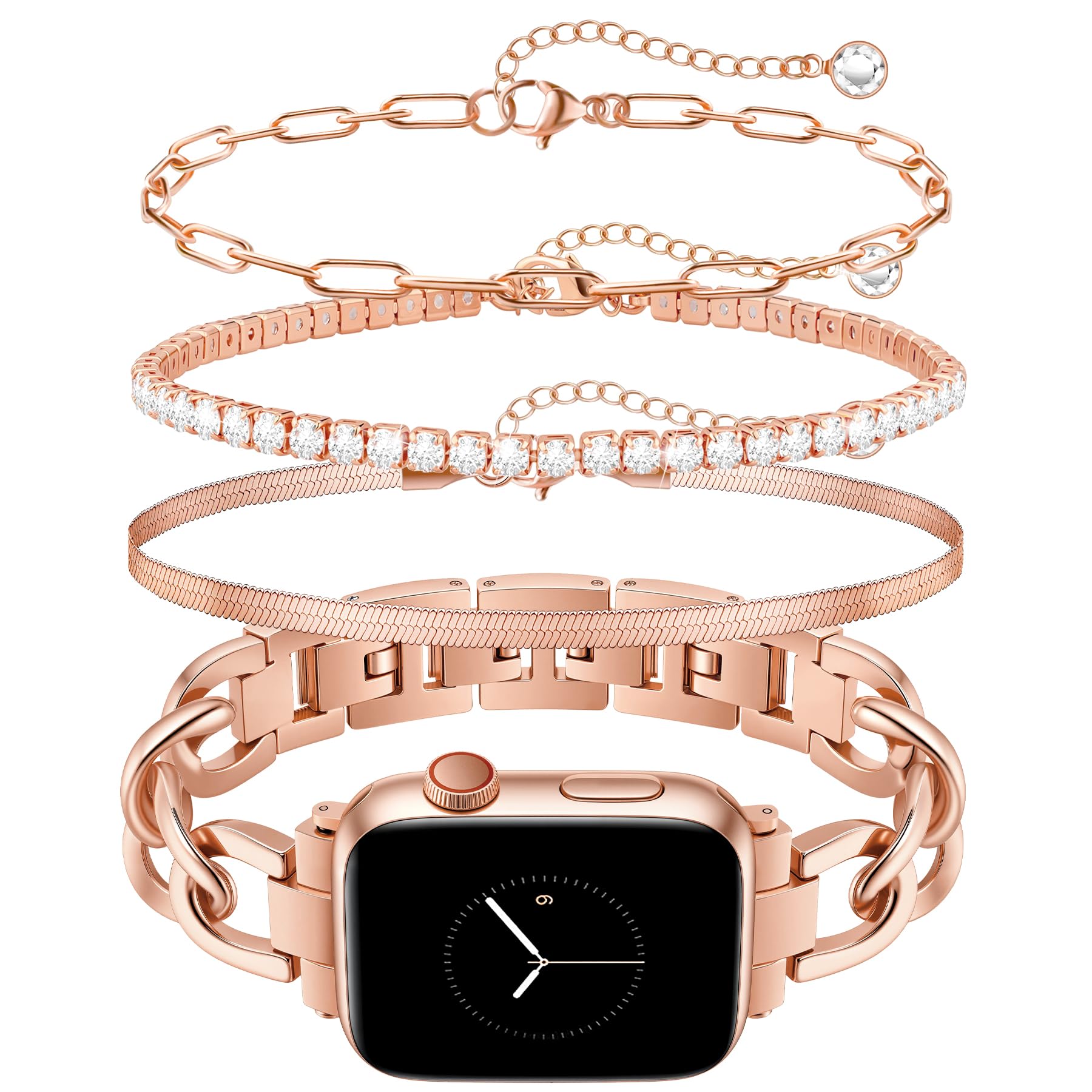 JR.DM Rose Gold Watch Bands and 3Pcs Bracelet Set for Women Compatible with Apple Watch 38/40/41/42mm(S10/11) Adjustable Metal Dressy Single Chain Strap for iWatch Series 11/10/9/8/7/6/5/4/SE/3/2/1
