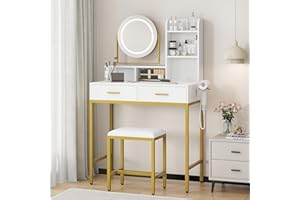 Vanity Desk with Mirror and Lights, Makeup Vanity Desk with Lights 3 Colors, Wood Vanity with 2 Drawers, Stool, Power Outlet,