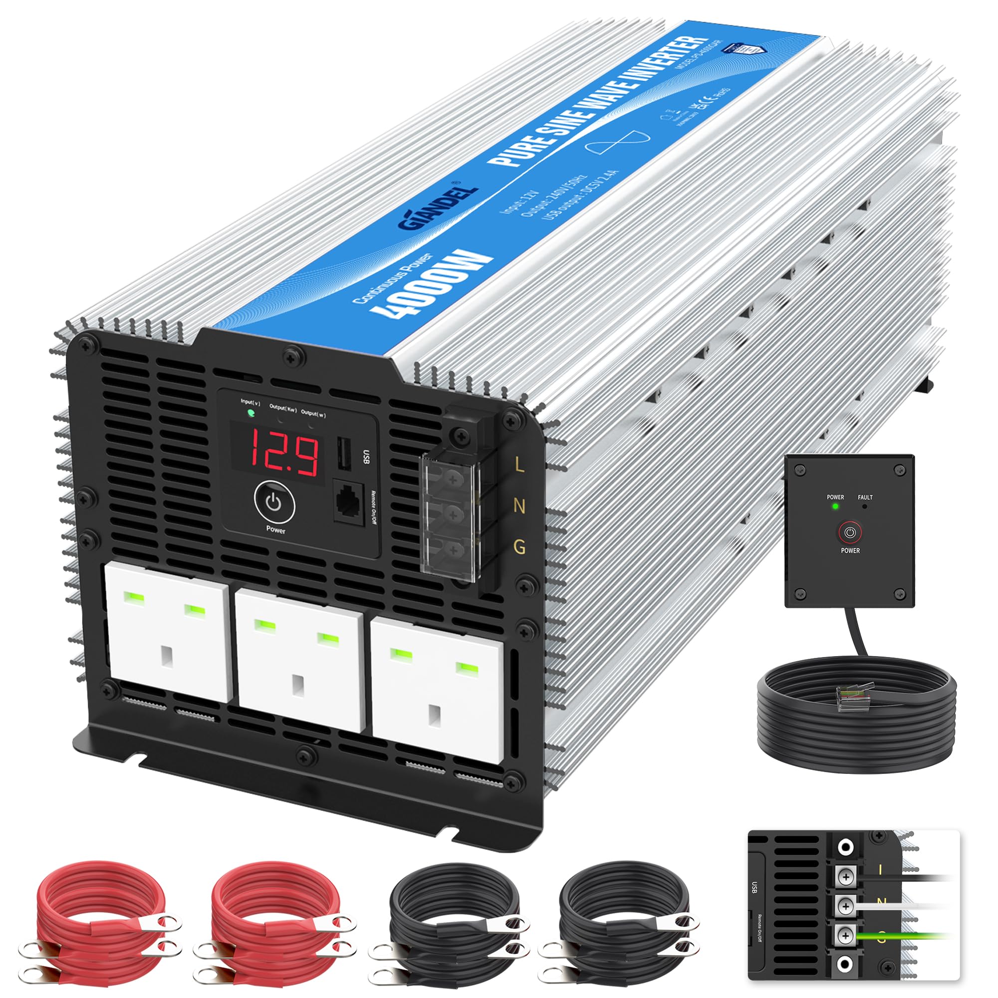 GIANDEL 4000W Heavy Duty Pure Sine Wave Power Inverter DC12V to AC240V Lithium Battery Compatible for Off-Grid Solar Car RV Truck Boat with 30FT Wired Remote Controller, AC hardwire block, LED Display