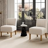 VIRRMO Armless Accent Chairs Set of 2 for Bedroom, Bedroom Chair for Bedroom Living Room Chair with Solid Wood Legs, Makeup Vanity Chair Fabric Comfy Upholstered Reading Chair Accent Chair,Beige