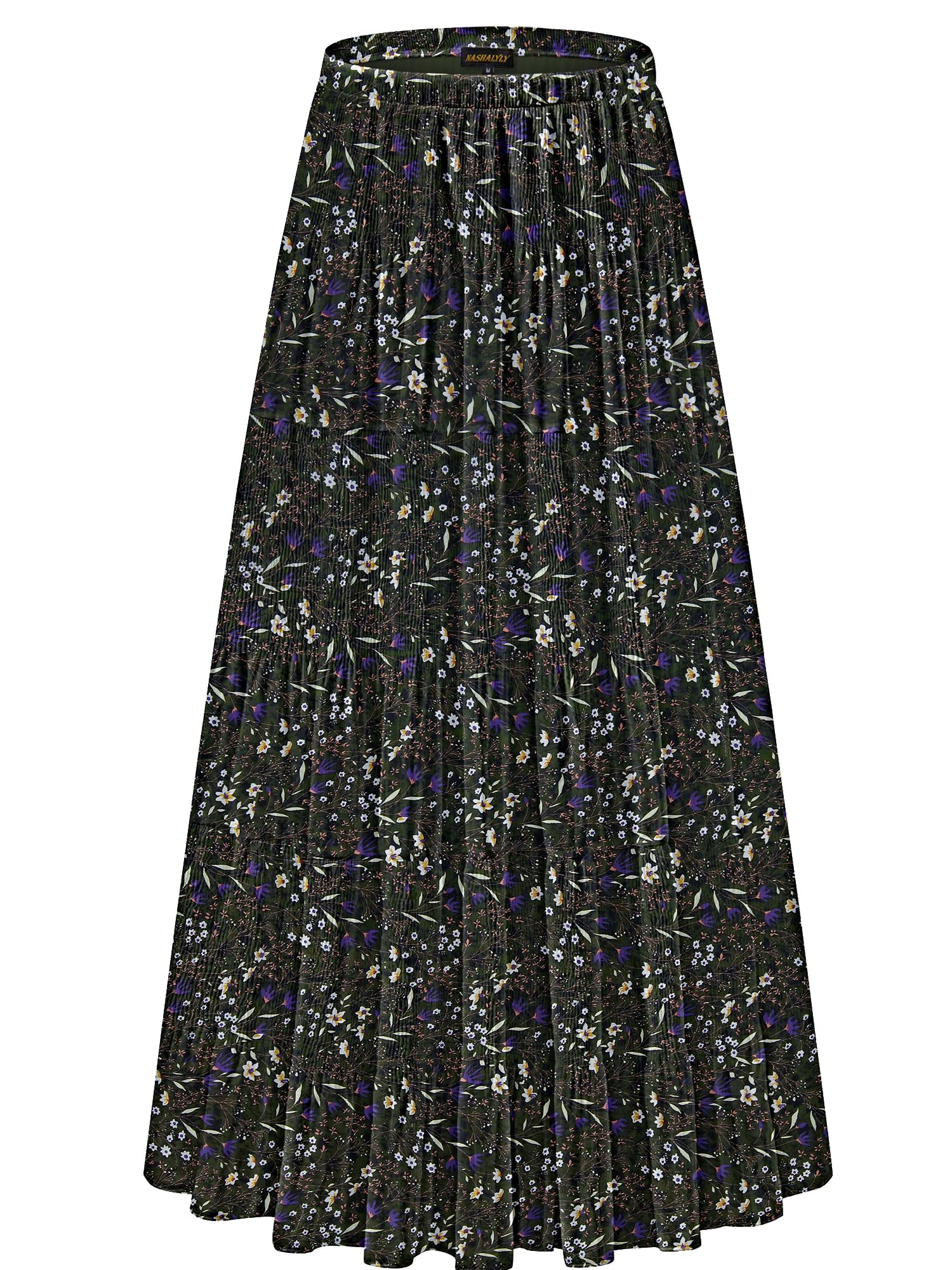 NASHALYLY Women's Chiffon Elastic High Waist Pleated A-Line Flared Maxi Skirts(Green Floral-7,XL) Image