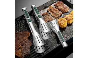 3PCS Stainless Steel Slotted BBQ Tongs with Non Slip Grip, Multipurpose Kitchen Cooking and Grilling Tool