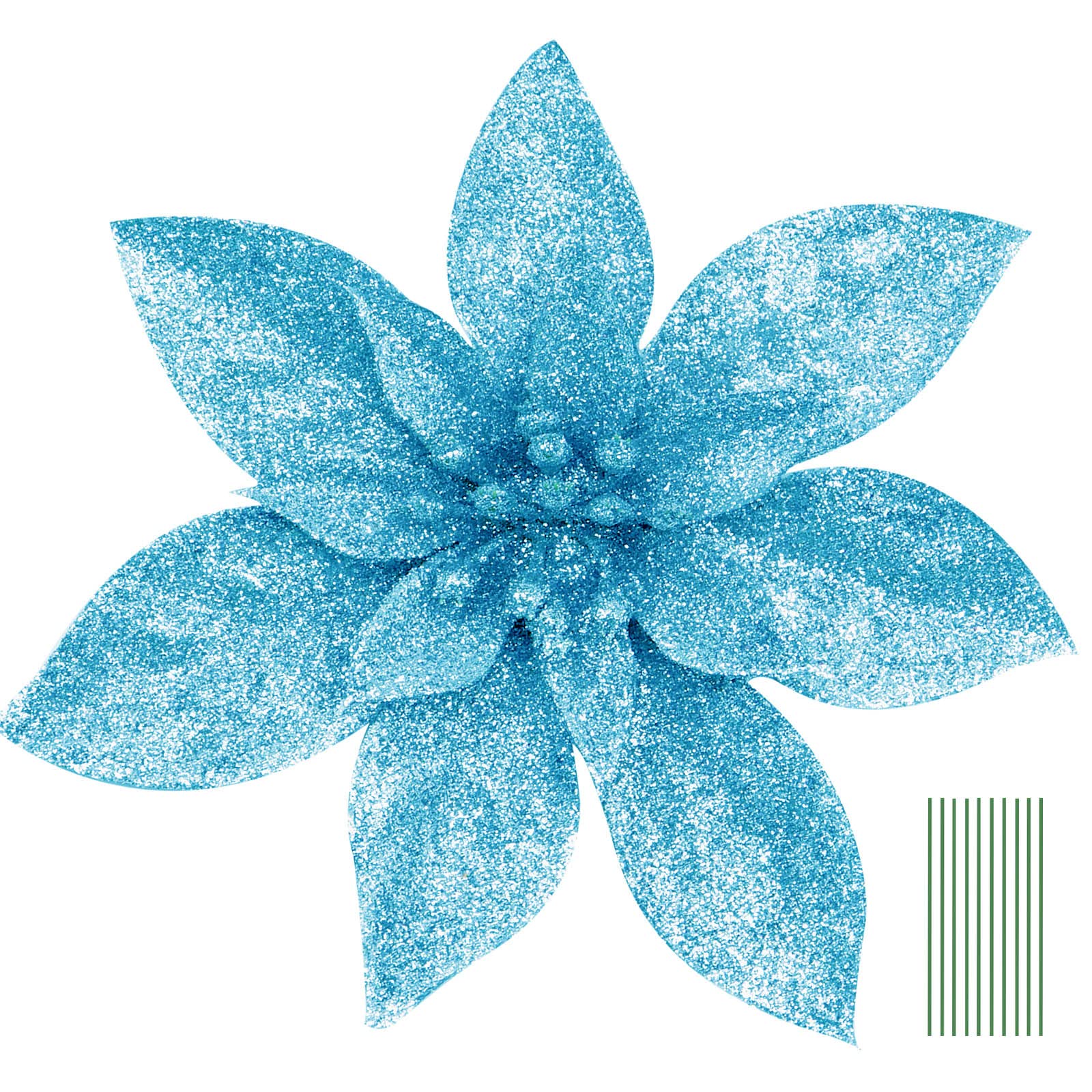 Yueshop 10 Pcs Glitter Christmas Flowers with Artificial Poinsettia Flower Christmas Tree Flower Decorations Xmas Tree Ornaments (Blue, 15CM) — image 1