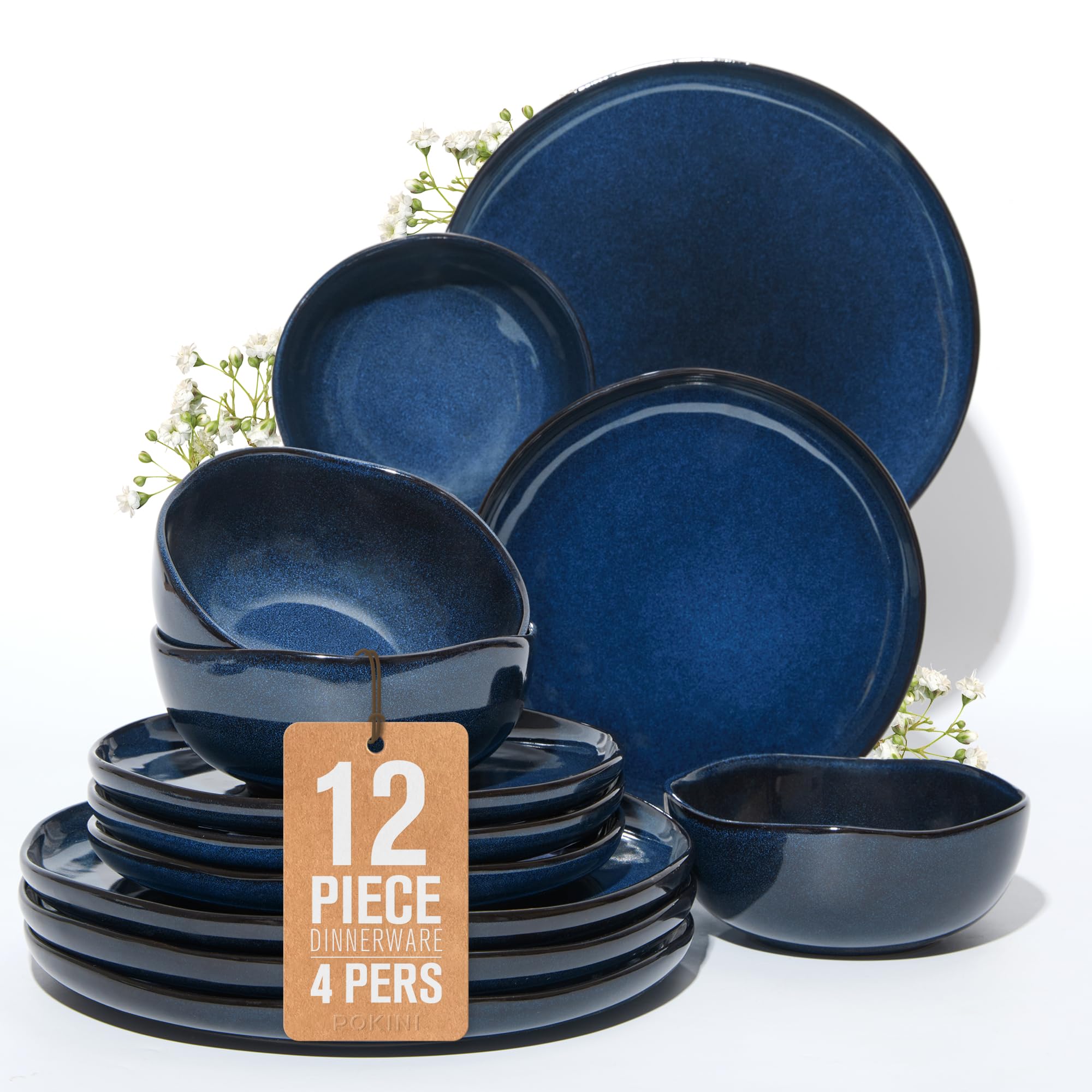 Photo 1 of Pokini Ceramic Dinnerware Sets, Microwave Safe Plates and Bowls Sets, Kitchen Dishes Set for 4, Unbreakable & Dishwasher Safe Tableware, Everyday Use, Starry Blue