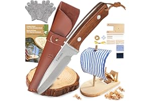 Kibbidea Kids Boy Scout Knife, Whittling Knives for Beginners with Wood Carving Kit Boat DIY, Safe Kids Knives with Rounded Tip & Sheath, Boy’s First Bushcraft Knife