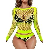 RSLOVE Women Sexy Mesh Lingerie Fishnet Babydoll Free Size Bodysuit See Through Shirts Long Sleeve