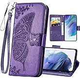 KRHGEIK for Galaxy S21 FE 5G Phone Wallet Case,Women Flip Folio Cover with Butterfly Embossed PU Leather Stand Card Holder Magnetic Wrist Strap for Samsung S21 FE 6.4" (Purple)