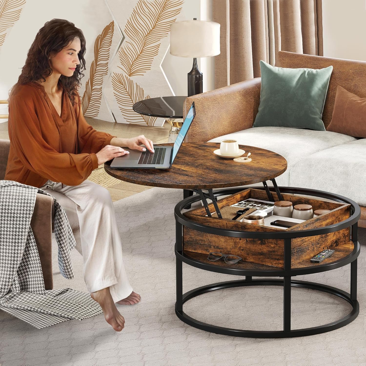 YITAHOME Couchtisch Rund mit Hebeplatte, Wohnzimmertisch mit verstecktem Ablagefach, Beistelltisch Rund mit Stauraum für Home Office, Runder Mitteltische Wohnzimmer 4
