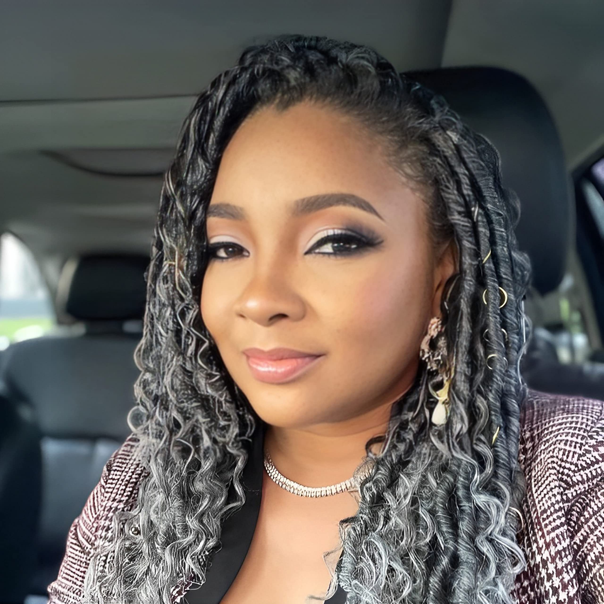 Photo 1 of Faux Locs Crochet Hair 10 Inch Goddess Locs Ombre Grey Crochet Hair for Women 6 Packs Gray Soft River Locs Pre Looped Braids with Curly Ends Boho Hippie Synthetic Hair Extensions, 1b/grey