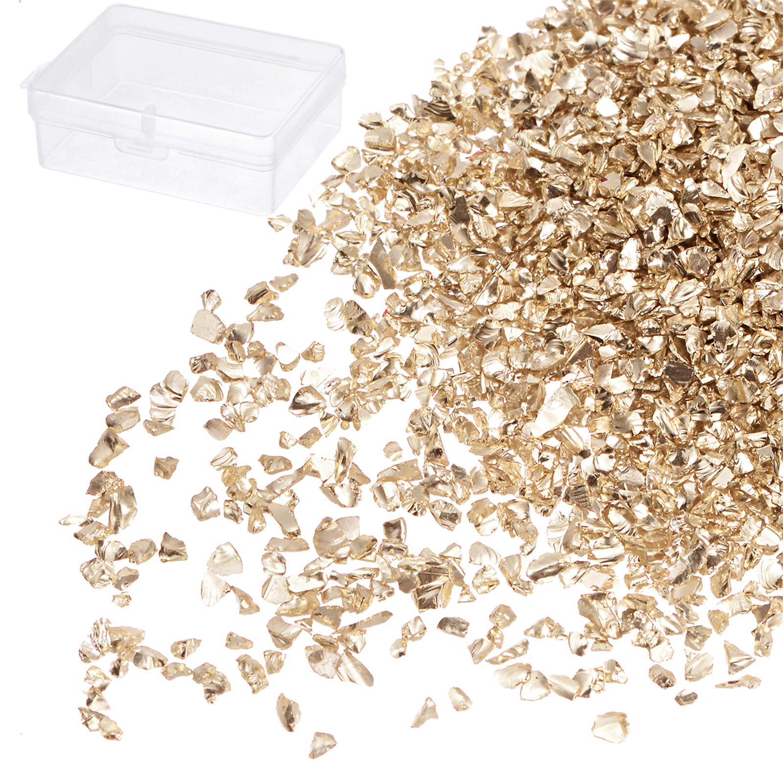 Kozelo Crushed Glass Chips - [1-3mm x 50g] Irregular Metallic Glass Champagne Gold for DIY Decoration Nail Art Use, Electroplated Surface