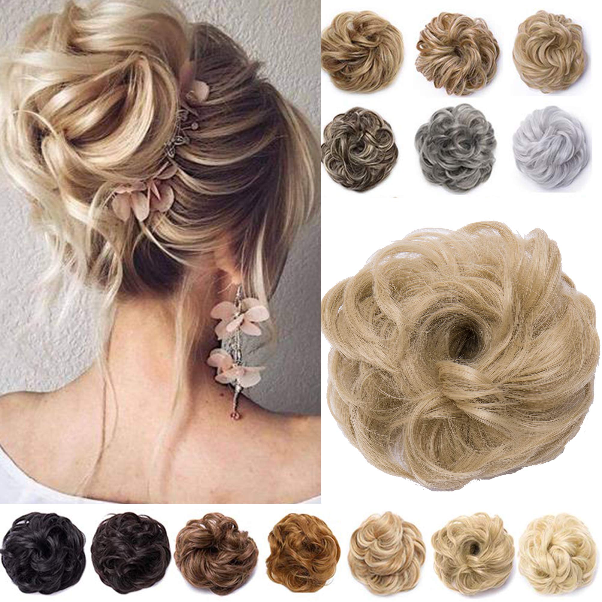 Messy Hair Bun Synthetic Extension Scrunchy Donut Curly Wavy Updo Elastic Scrunchie Thick Full Wedding Hair Pieces Bridal Hairpiece Easy Bun Updos Chignon for Women Kids Ash Blonde