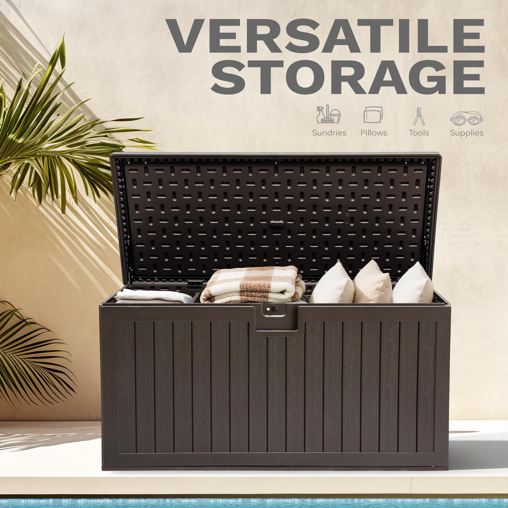 DWVO 567.8L Resin Aufbewahrungsbox für Außen, Doppelwandige wasserdichte Gartenbox mit Holzmaserung, Abschließbare Aufbewahrungsbox als Tisch oder Sitzbank (1000 kg Belastbarkeit) – Braun 3