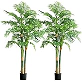 7FT Fake Palm Trees 2pcs, Artificial Golden Cane Palm Tree 84IN, Green Large Tropical Palm Fake Plant in Pot for Indoor Outdoor, Living Room Outside Patio Office Home Decor