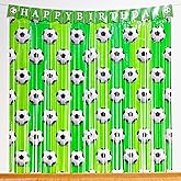Soccer Birthday Party Fringe Curtains Decorations Supplies, 2 Pack 3.3 x 6.6ft Tinsel Foil Fringe Photo Backdrop,1 Pack Happy Birthday Banner