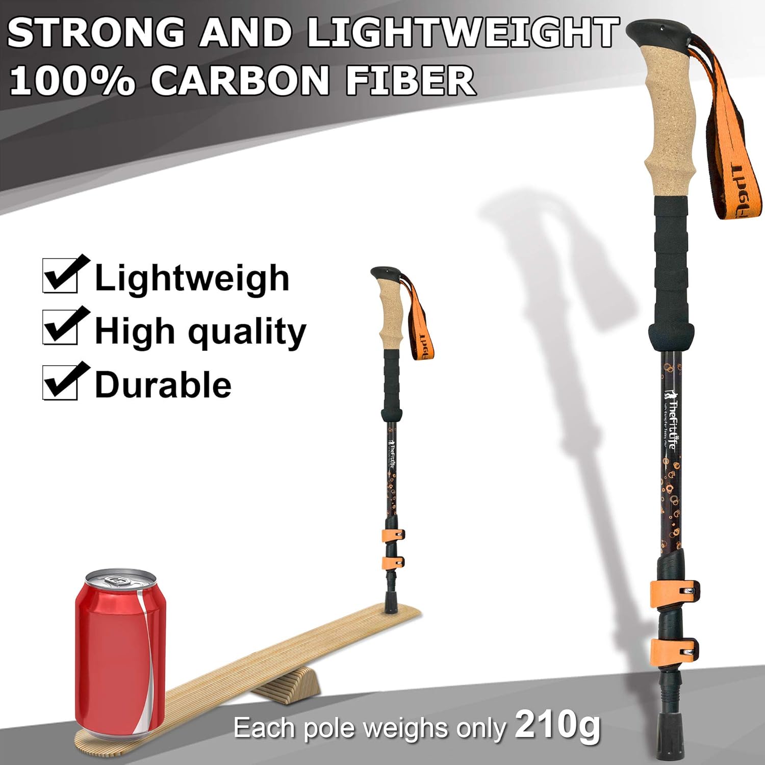 TheFitLife Carbon Fiber Trekking Poles – Collapsible and Telescopic Walking Sticks with Natural Cork Handle and Extended EVA Grips, Ultralight Nordic Hiking Poles for Backpacking Camping (Orange) : Sports & Outdoors
