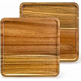 Elsjoy 2 Pack Acacia Wood Square Serving Tray, 10 Inch Square Wood Serving Platter Wooden Serving Board, Square Acacia Wood Plates for Charcuterie, Fruit, Bread