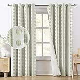 Melodieux Blackout Boho Curtains for Bedroom 84 Inch Length 2 Panels Set Sage Green on Beige Striped Pattern Cotton Curtain Grommet Room Darkening Curtains for Living Room Thermal Insulated