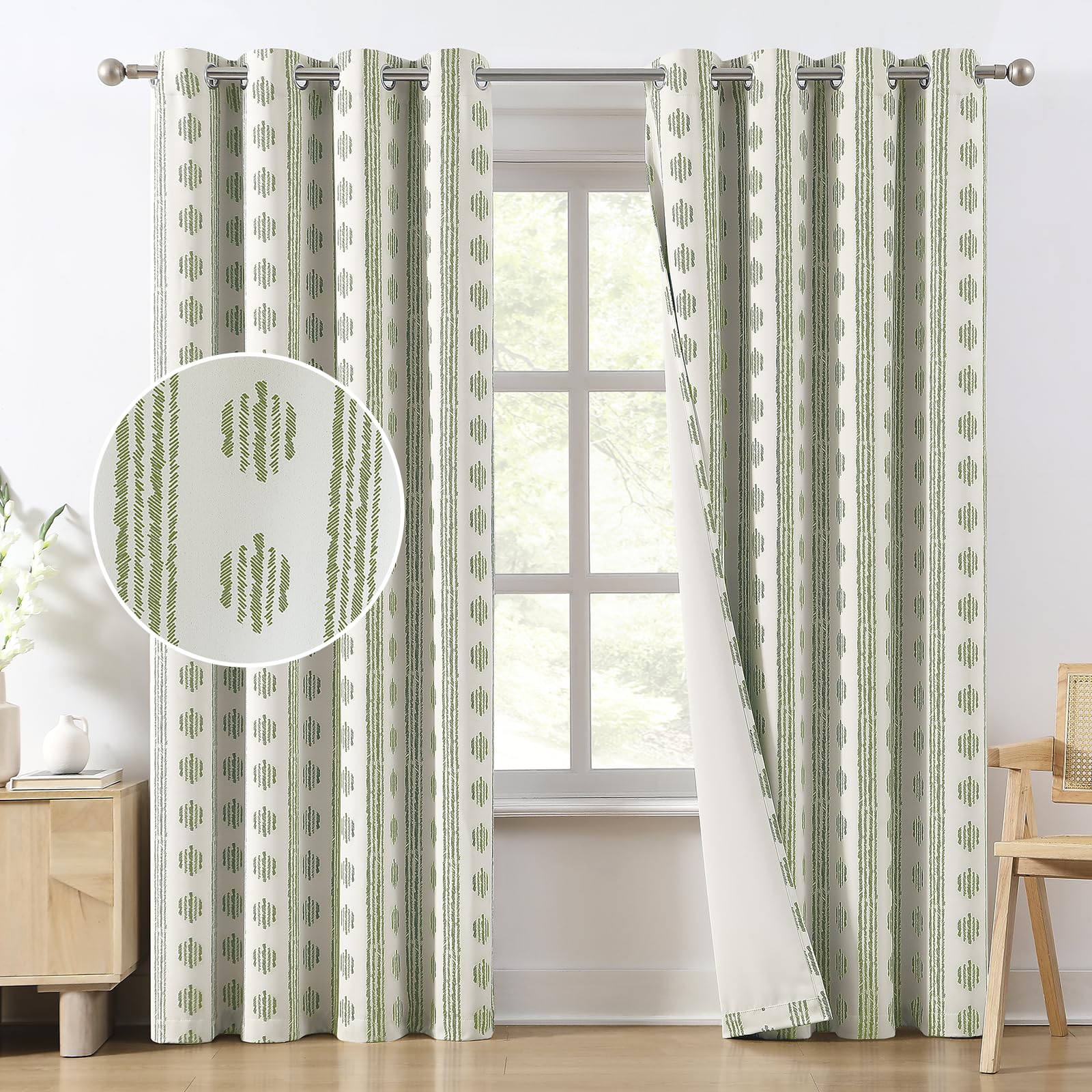 Melodieux Blackout Boho Curtains for Bedroom Room Darkening Curtains 63 Inches Long for Living Room Sage Green on Beige Striped Pattern Cotton Curtain 2 Panel Sets Grommet Thermal Insulated
