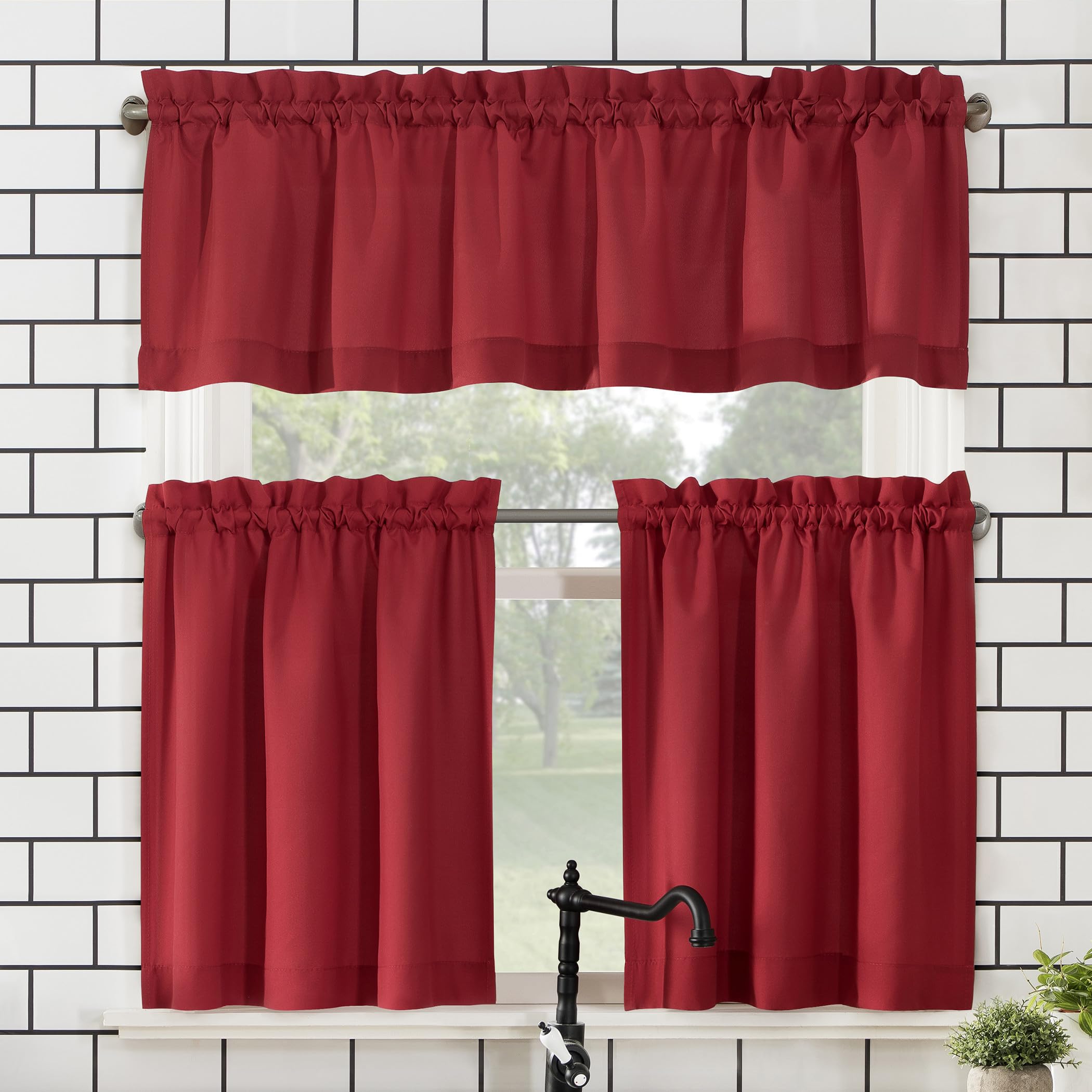 Photo 1 of No. 918 Martine Microfiber Semi-Sheer Rod Pocket Kitchen Curtain Valance and Tiers Set, 54" x 45", Red