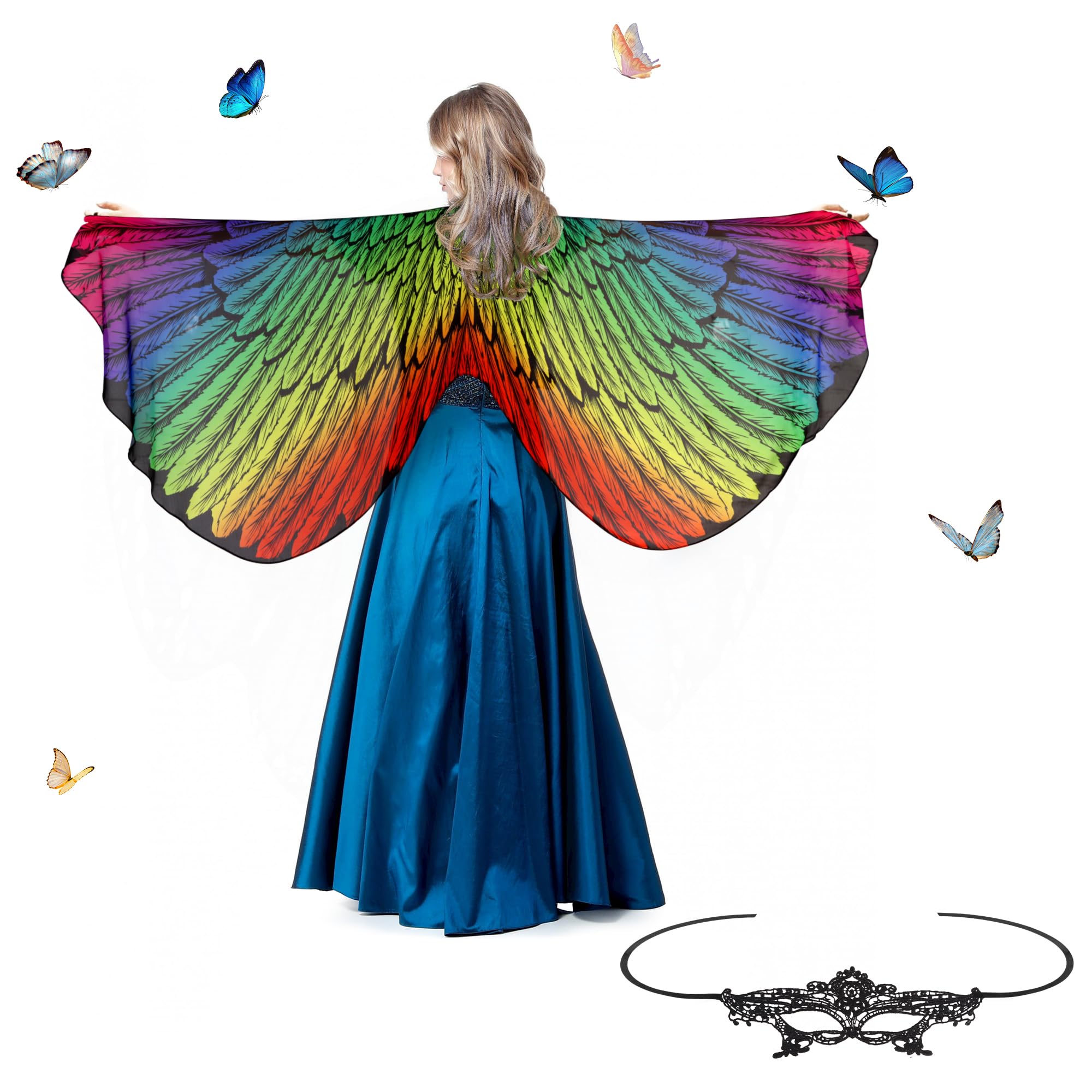 Kaket Bird Wings Shawl for Women, Womens Bird Wings Cape with Mask, Butterfly Wings Adult for Halloween Christmas Party Cosplay Dancing (Multicolored)