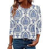 LOMON 3/4 Length Sleeve Womens Tops Dressy Casual Crewneck Pullover Tunics Summer Cute Blouses Fashion 2025 Tees Shirts