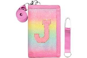 SiorVeol Kids Wallet Girls Trifold Initial Glitter Wallets with Zipper and Card Slots Including Neck Lanyard and Hanging Strap, Rainbow, J