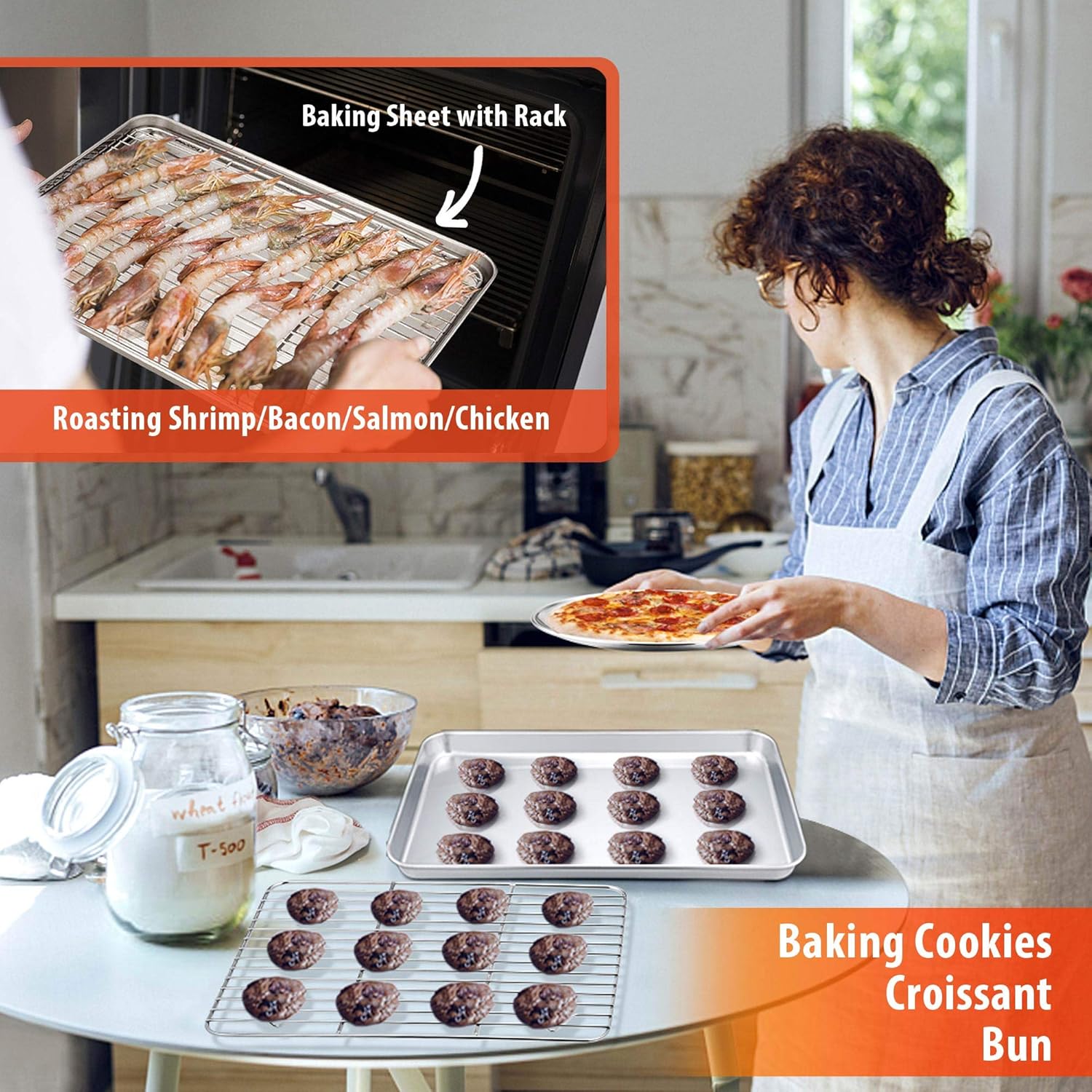 TeamFar Bakeware, Stainless Steel Bakeware Set with Baking Sheet and Rack, Lasagna Pan with Lid, Square & Round Cake Pan with Lid, Muffin Pan & Loaf Pan, Pizza Pan, Healthy & Dishwasher Safe: Kitchen & Dining