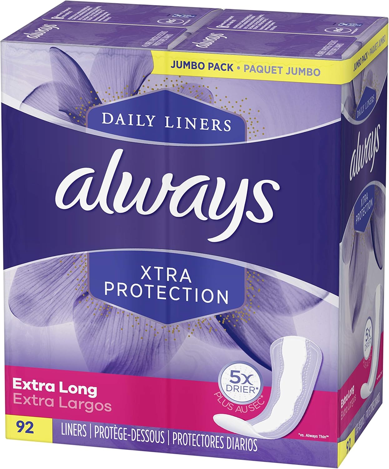 Always Xtra Protection Dailies Feminine Panty Liners for Women, Extra Long, 368 Count, Unscented (92 Count, Pack of 4 - 368 Count Total): Health & Personal Care