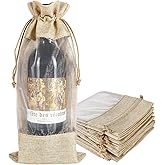 HRX Package 10pcs Burlap Wine Bags with Sheer Window, Hessian Cloth Bottle Gift Bags with Drawstring for Christmas Holiday Wedding Party