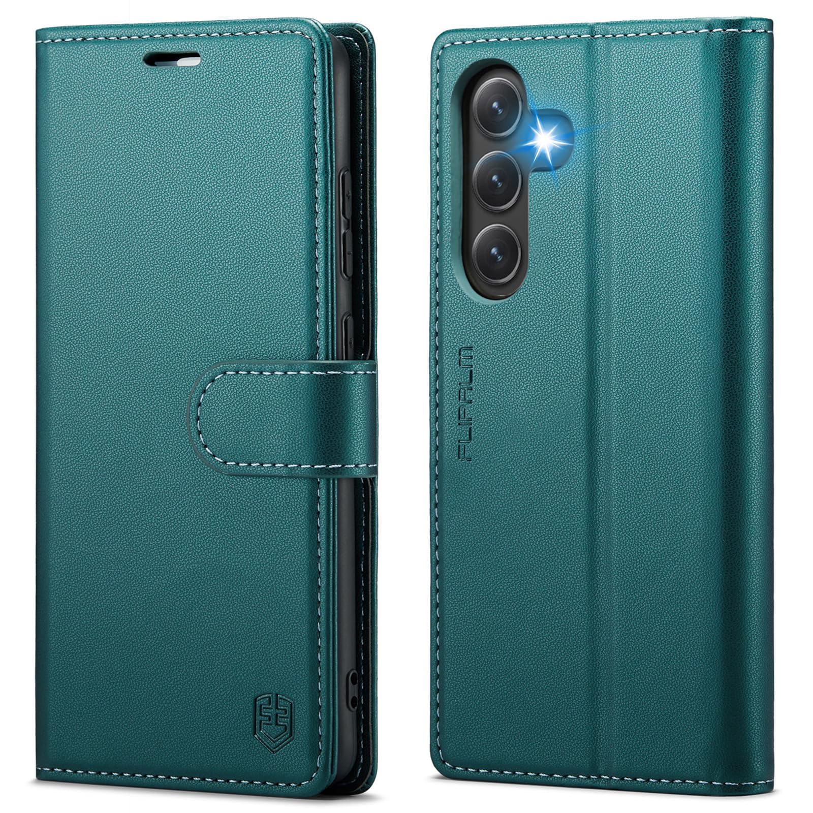 Photo 1 of FLIPALM Wallet Case for Samsung Galaxy S24 Fe, RFID Blocking Credit Card Holder, PU Leather Folio Flip Kickstand Protective Shockproof Cover for S24 Fe (Blue-Green, for S24 Fe - 6.4")