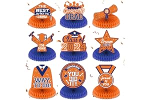 YOIRRAT 9 Pcs Blue Orange Graduation Party Decorations Honeycomb Centerpieces Class of 2024 Graduation Party Centerpieces 3d Double Side Congrats Grad Honeycomb Decorations for 2024 Grad Party Decor Supplies