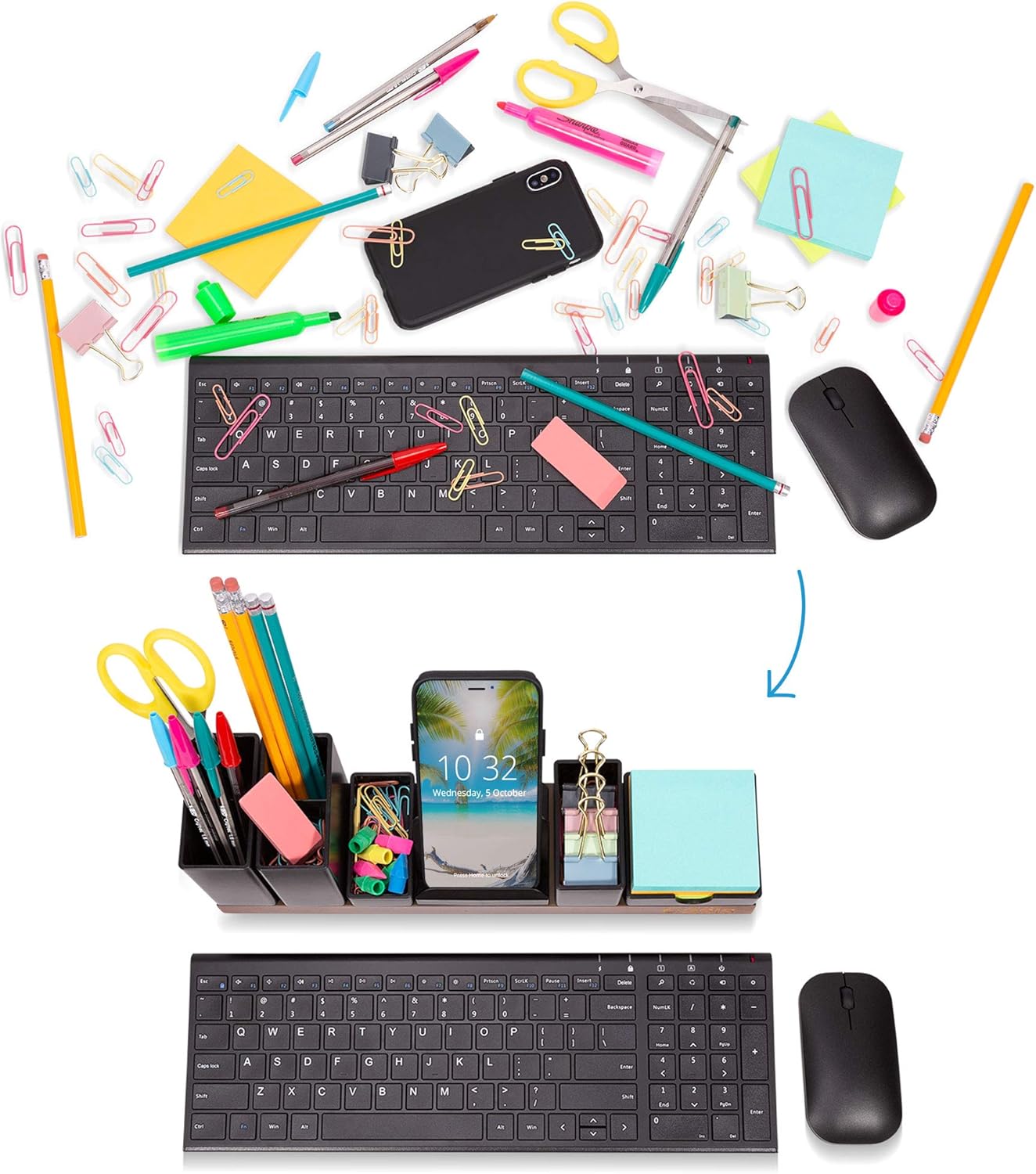 Desk Organizer with Adjustable Pen Holder, Pencil Cup, Phone Stand, Sticky Note Tray, Paperclip Storage, and Office Accessories Caddy, Desktop Organization for Cubicle or Home Office, Black : Office Products