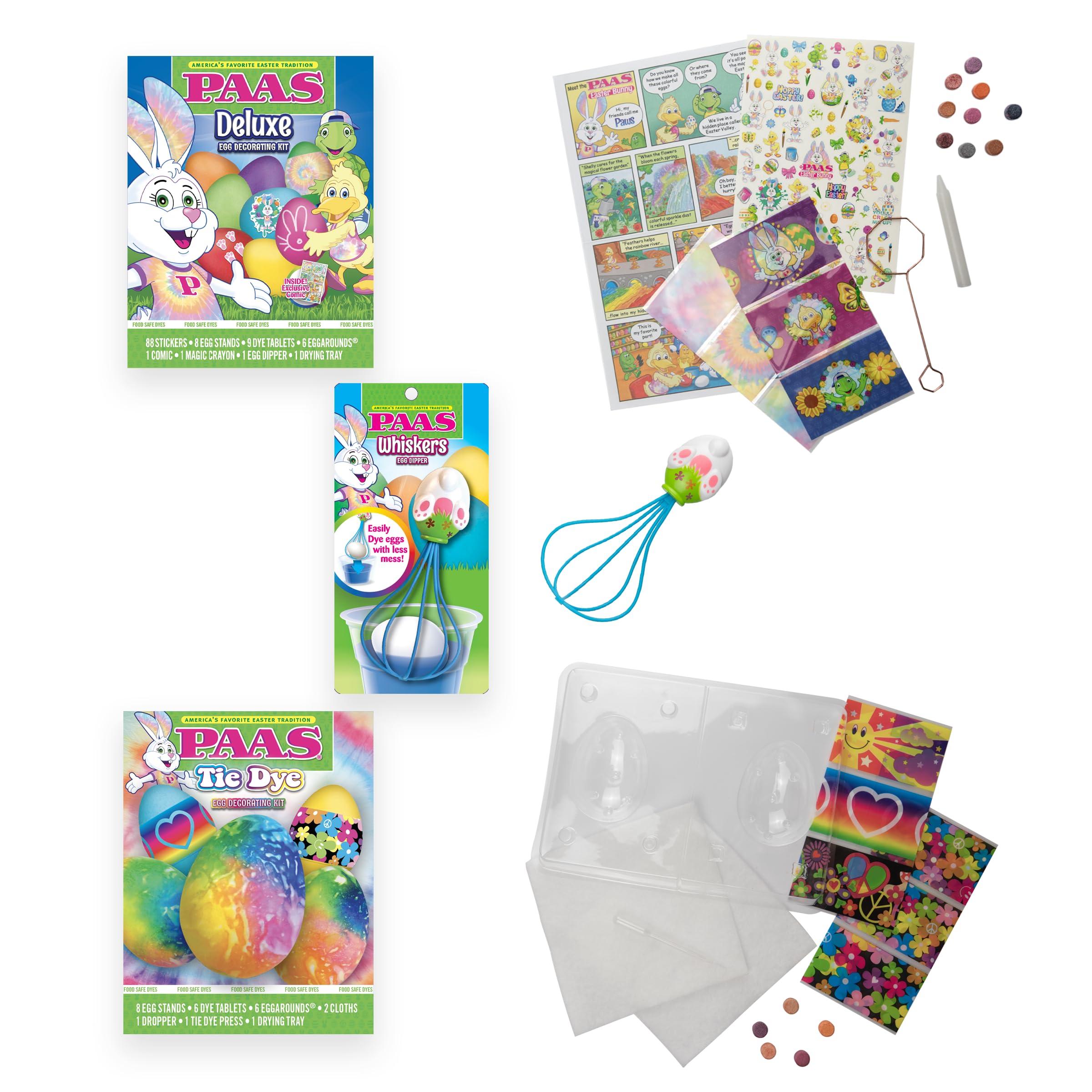 Photo 1 of ***(MISSING TOOL)*** PAAS Easter Egg Decorating Bundle, Includes 1 Deluxe Kit, 1 Tie Dye Egg Dying Kit, and PAAS Whiskers for Easy Egg Dying, Food Safe Dye for Family Easter Activity (3 Piece Bundle)