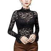 METWAY Lace Top for Women Long Sleeve Lace Shirt Sheer Turtleneck Ruffle Floral Mesh Undershirt Going Out Sexy Blouse