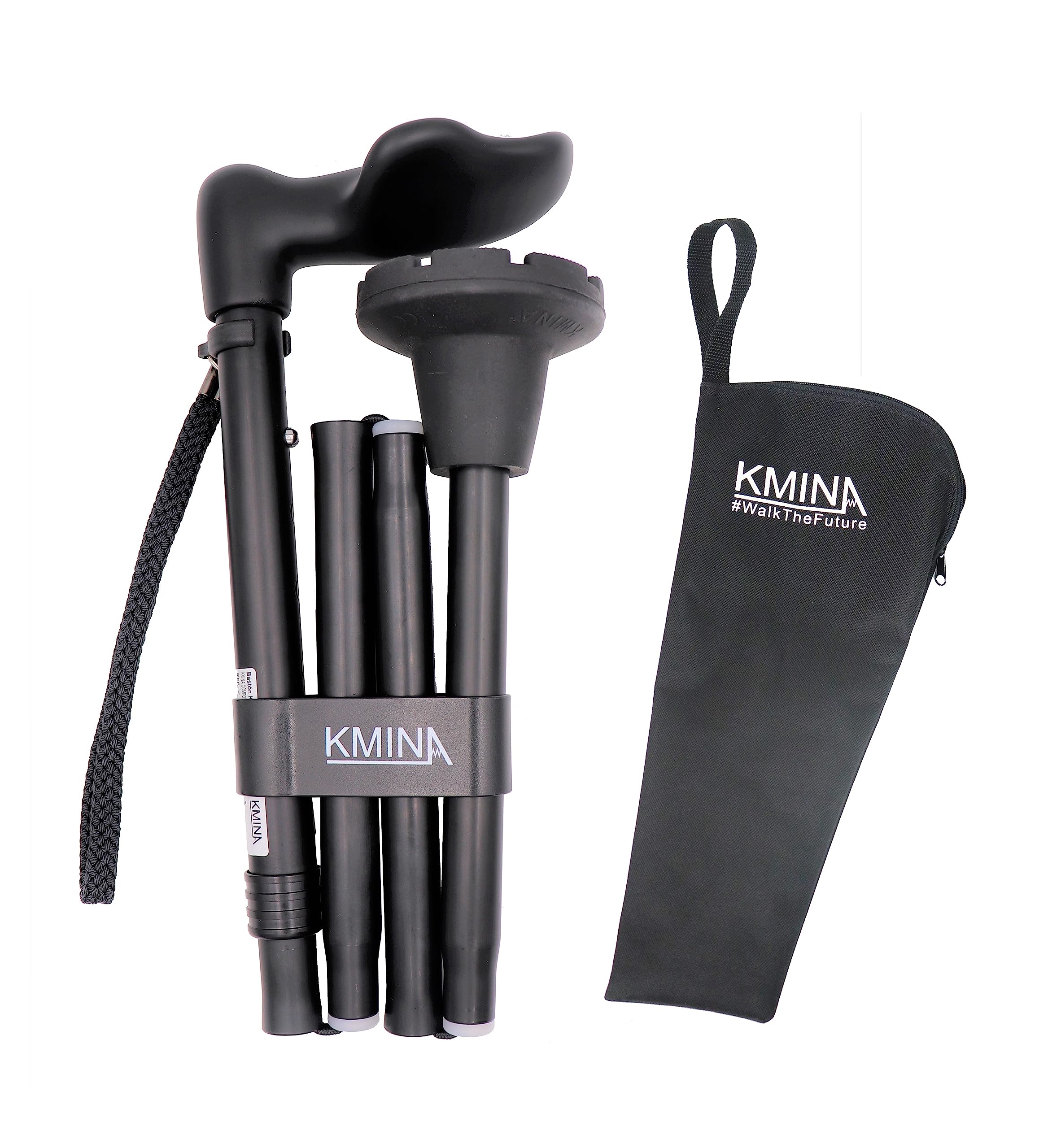 KMINA Folding Walking Sticks for Women and Men (Right Hand), Anatomical Handled Palm Grip, Adjustable Height, Lightweight, Anti Slip Ferrule