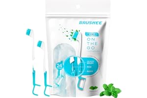 Brushee - The Evolution of Oral Care | 4-in-1 Tool (Paste + Brush + Floss + Pick) | Individually Wrapped | Disposable | Prepasted Travel Toothbrushes | Small Adult Toothbrush - (24-Pack)