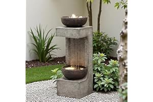 SUNLINUA 33.9" Waterfall Fountain Outdoor with LED Lights – Modern Rain Curtain Resin Garden Waterfall and Fountains, Bowl Design Outdoor Water Feature for Patio, Porch, Backyard, Lawn & Home Decor