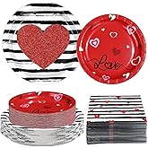Greencian 200 Pcs Valentine's Day Party Supplies Red Love Heart Stripe Party Plates and Napkins Disposable Black White Stripes Heart Tableware Set for Mother's Day Wedding Dinner Decorations Serves 50